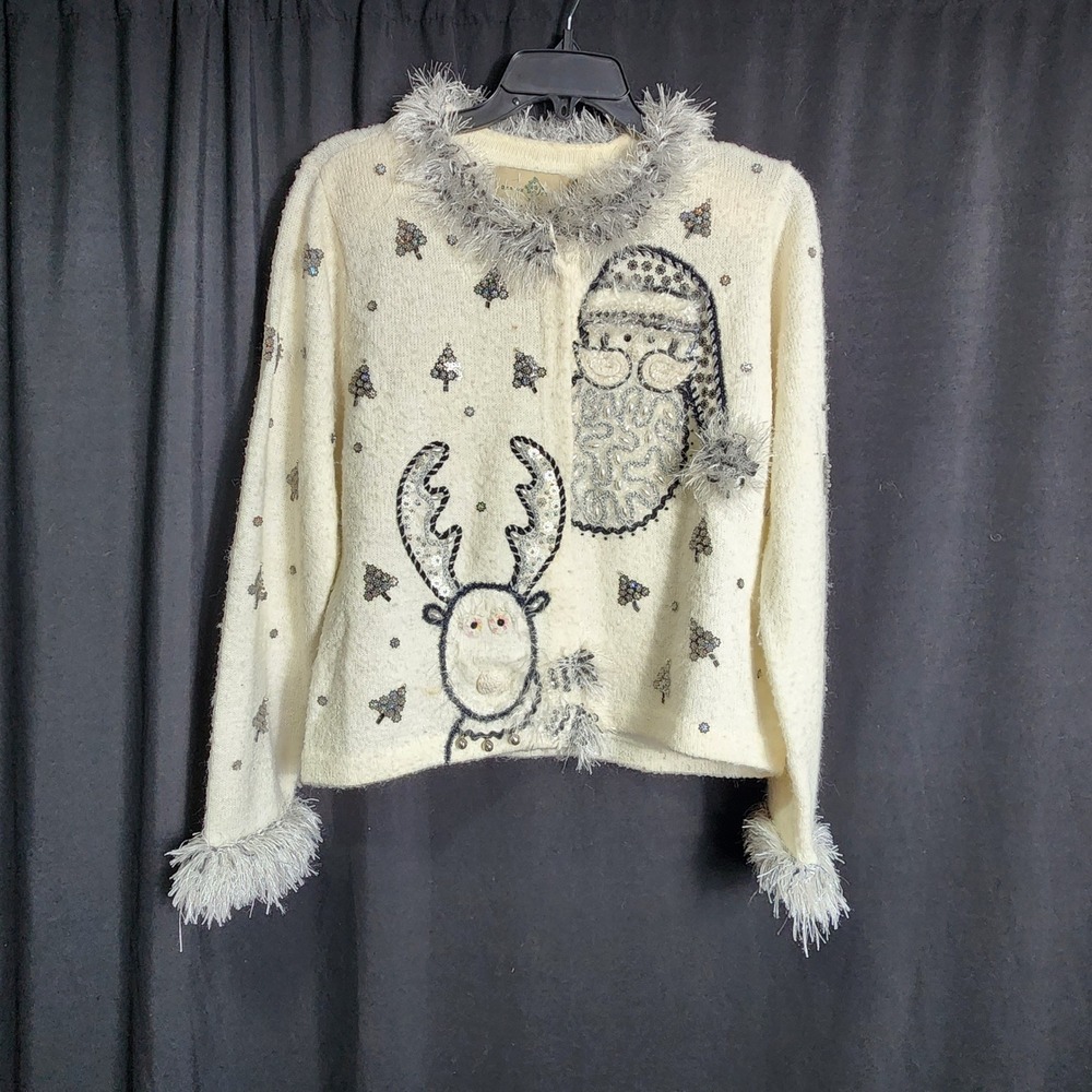 Design Options Vintage Ugly Christmas Sweater Cardigan Reindeer Santa Sequin S